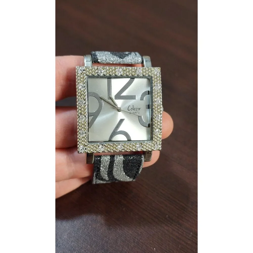 COLLEZIO Quartz Square Rhinestone Watch Zebra Strap Statement Fashion Watch